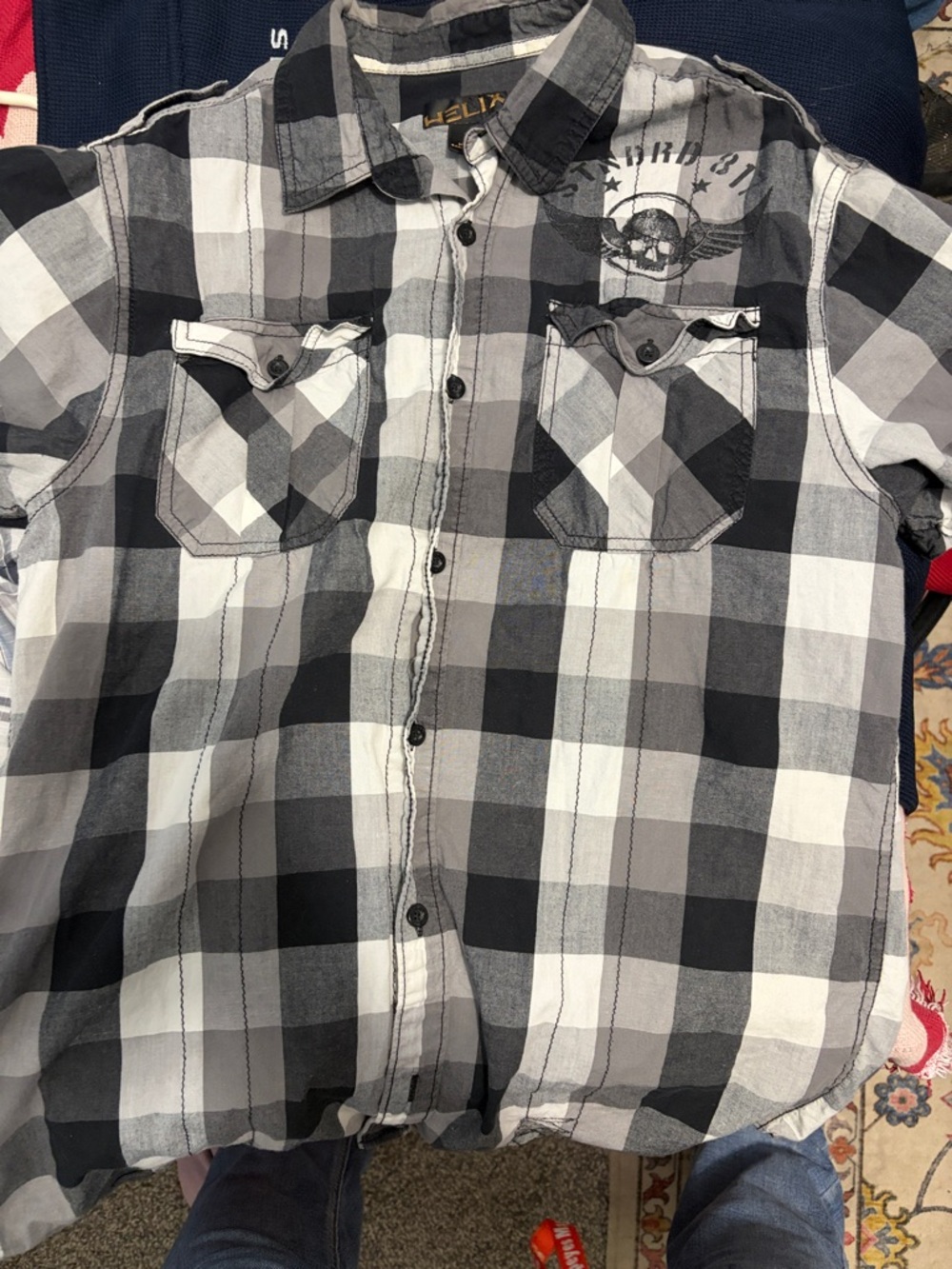 Helix Black and Gray Plaid Short-Sleeve Button-Down Shirt